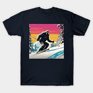 Funny Bigfoot Skiing Dad Across Mountains Winter Sports T-Shirt